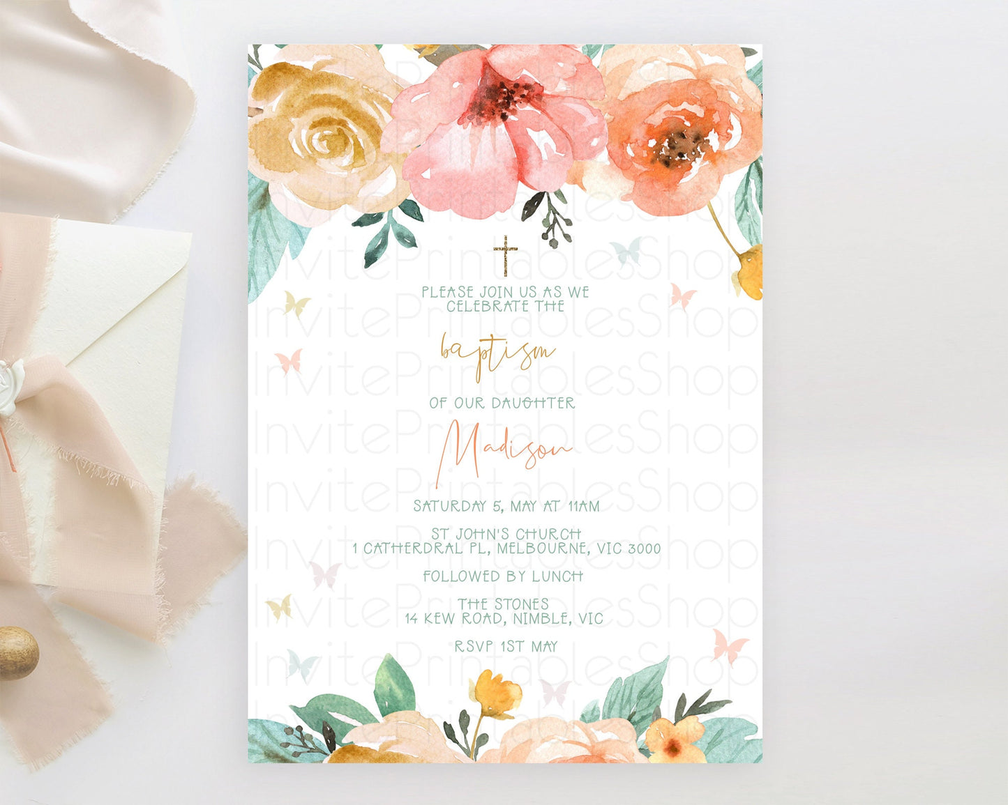 Secret Garden Baptism Invitation Wildflower Baptism Birthday Invite Pastel Flowers Christening Invite Enchanted Garden Boho Floral  D10347