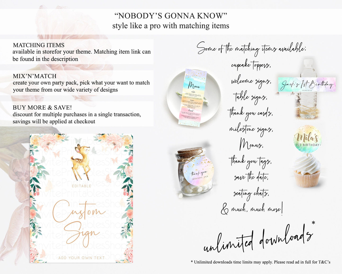 Fawn Deer Sign Pastel Floral Deer Table Sign Decor Enchanted Forest Butterfly Party 1st Birthday Baptism Baby Shower Bridal Shower D10753