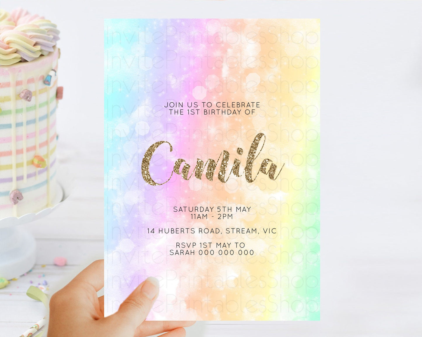 Editable Rainbow Birthday Invitation Colorful Pastel Watercolor Invitation G
