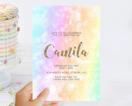 Editable Rainbow Birthday Invitation Colorful Pastel Watercolor Invitation G