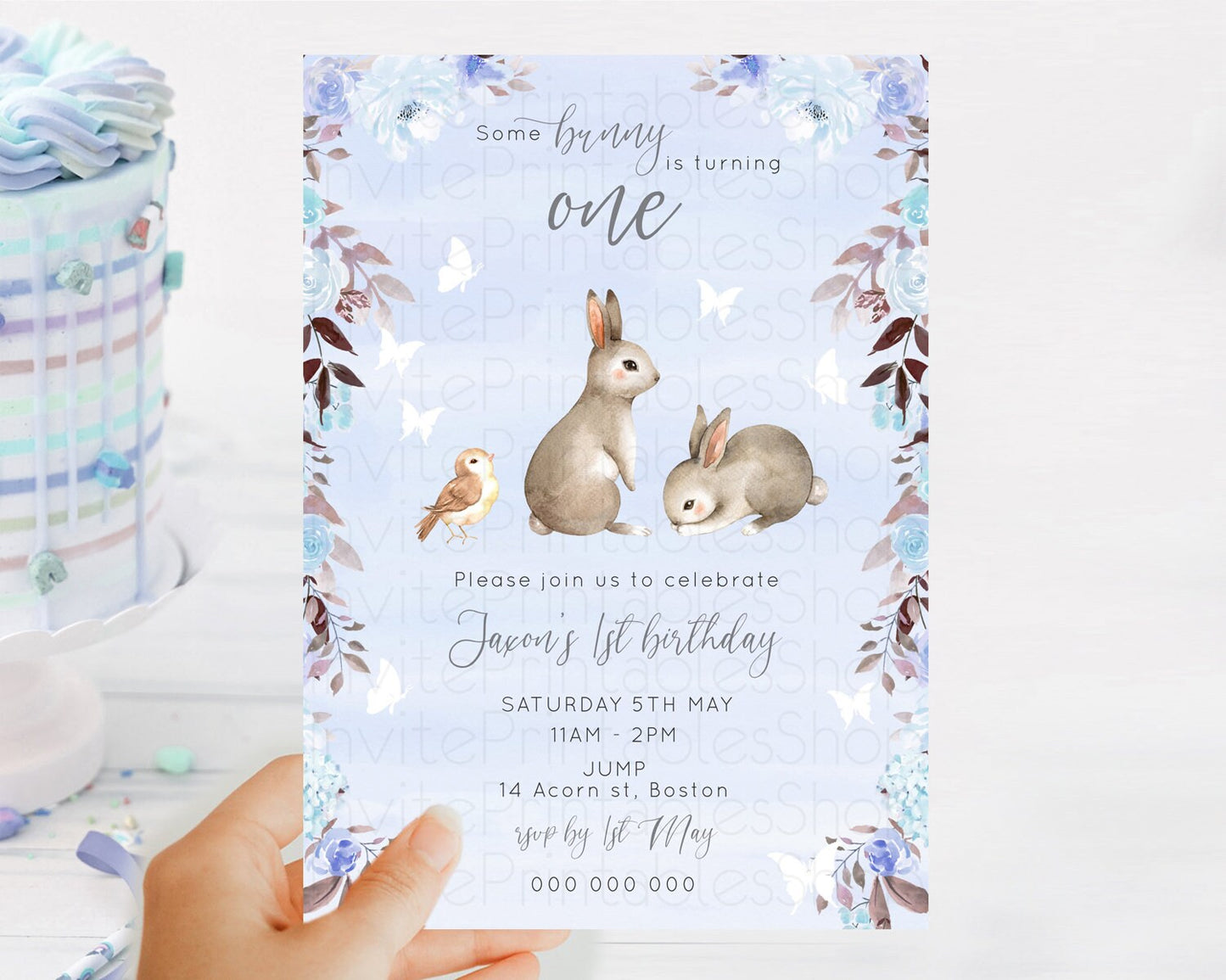 Bunny Birthday Invitation Floral Bunny Invitation Pastel Bunny Invites Pastel Watercolor Woodland Bunny Party 2nd 1st First Birthday D10923