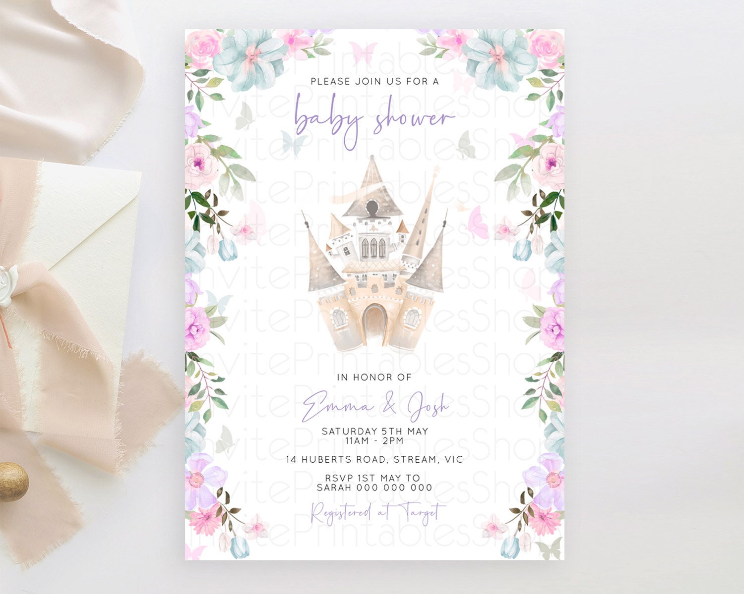 Editable Pastel Princess Baby Shower Invitation Floral Castle Invitation Roy