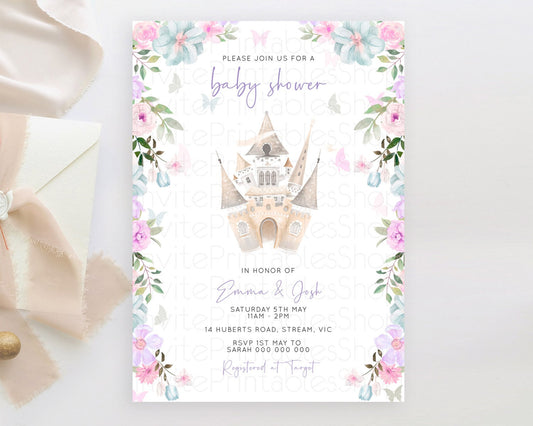 Editable Pastel Princess Baby Shower Invitation Floral Castle Invitation Roy