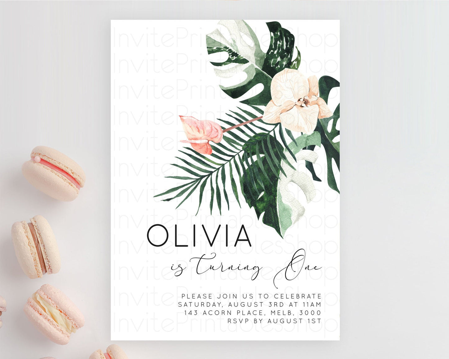 Tropical Invitation Tropical Birthday Invitation Tropical Floral Invitation Palm Leaf Fern Invite Frangipani White Orchid Invitation D11016