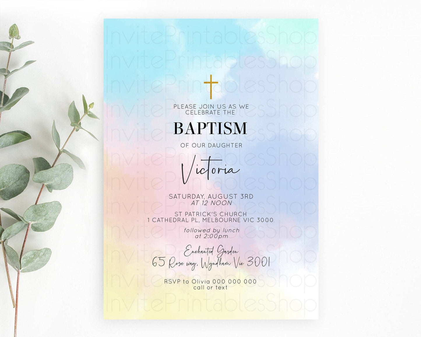 Pastel Baptism Invitation Pastel Colors Watercolor Baptism 1st Birthday Party Gold Ombre Pastel Rainbow Christening Holy Communion D10373