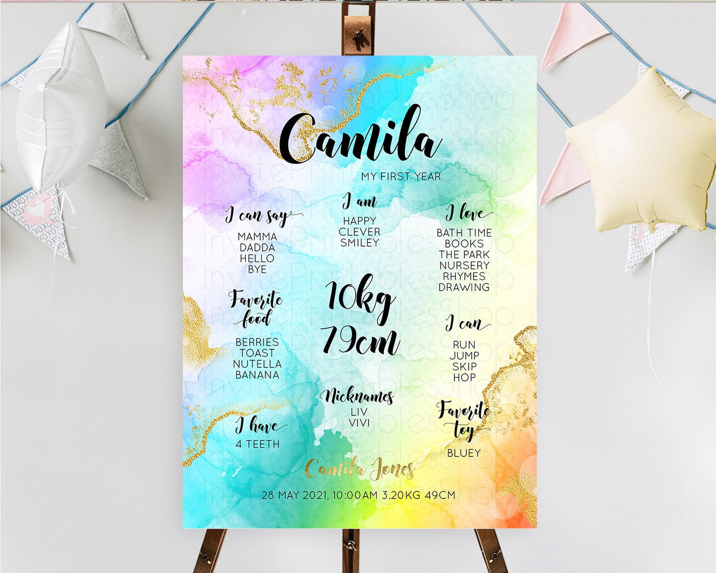 Pastel First Birthday Milestone Board Pastel Rainbow Milestone Poster Colorful Confetti Watercolor Glitter 1st Birthday Welcome Sign D10392