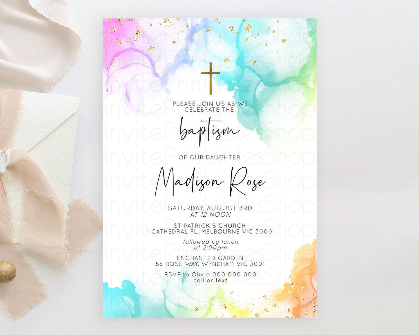 Pastel Baptism Invitation Pastel Colors Watercolor Baptism 1st Birthday Party Gold Ombre Pastel Rainbow Christening Holy Communion D10181