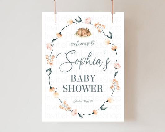 Editable Fawn Baby Shower Welcome Sign Deer Welcome Board Floral Deer Welcom