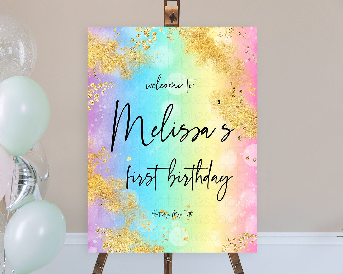 Pastel Welcome Sign Pastel Rainbow Welcome Sign Colorful Rainbow Confetti Watercolor Glitter Pastel First Birthday Welcome Sign D10559