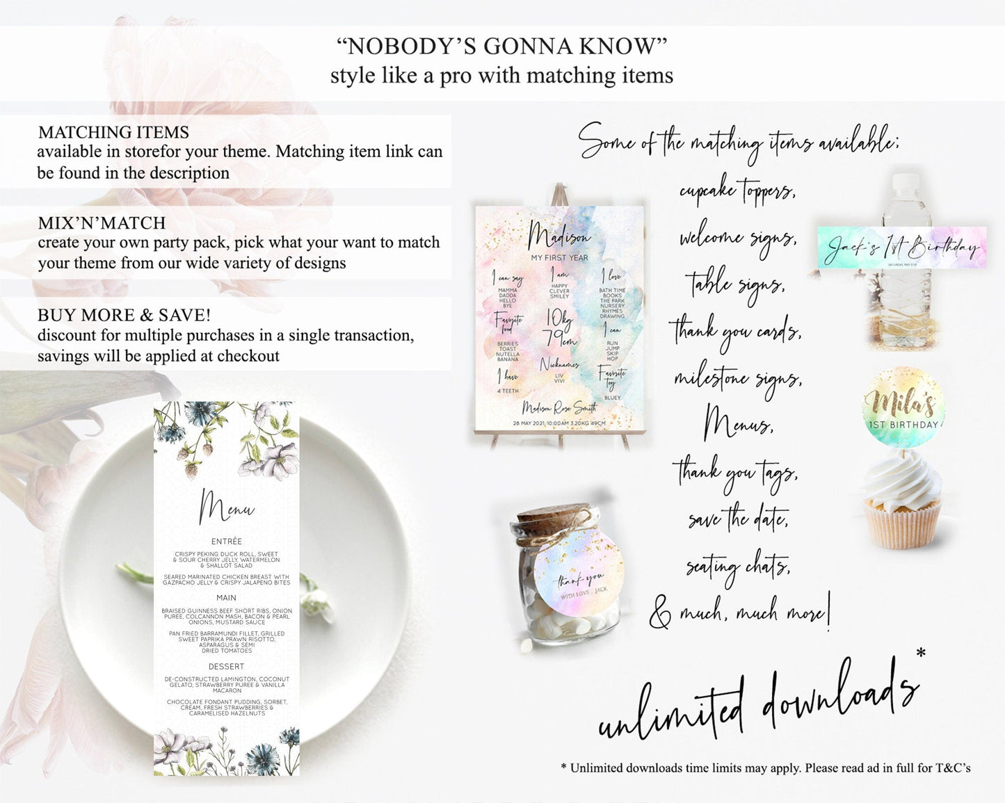 Secret Garden Menu Wildflower Menu Template Pastel Flower Garden Table Decor Boho Floral Dinner Dessert Floral Party Food Menu D11002