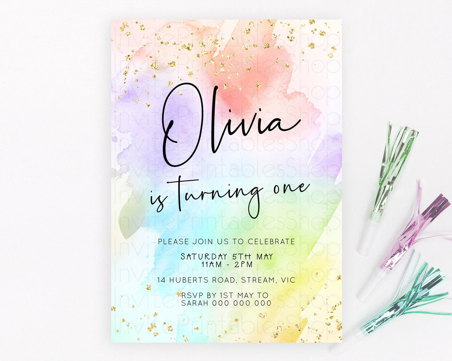 Pastel Birthday Invitation Ombre Watercolor Birthday Invitation Glitter Rainbow Color Splash 1st 2nd 3rd Birthday Invitation D23071