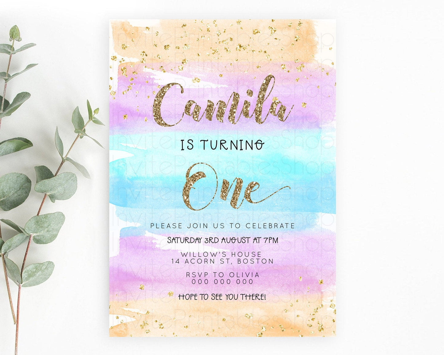 Rainbow Birthday Invitation Colorful Pastel Watercolor Invitation Gold Glitter Sprinkles Ombre Pastel 1st 2nd 3rd Birthday D23272