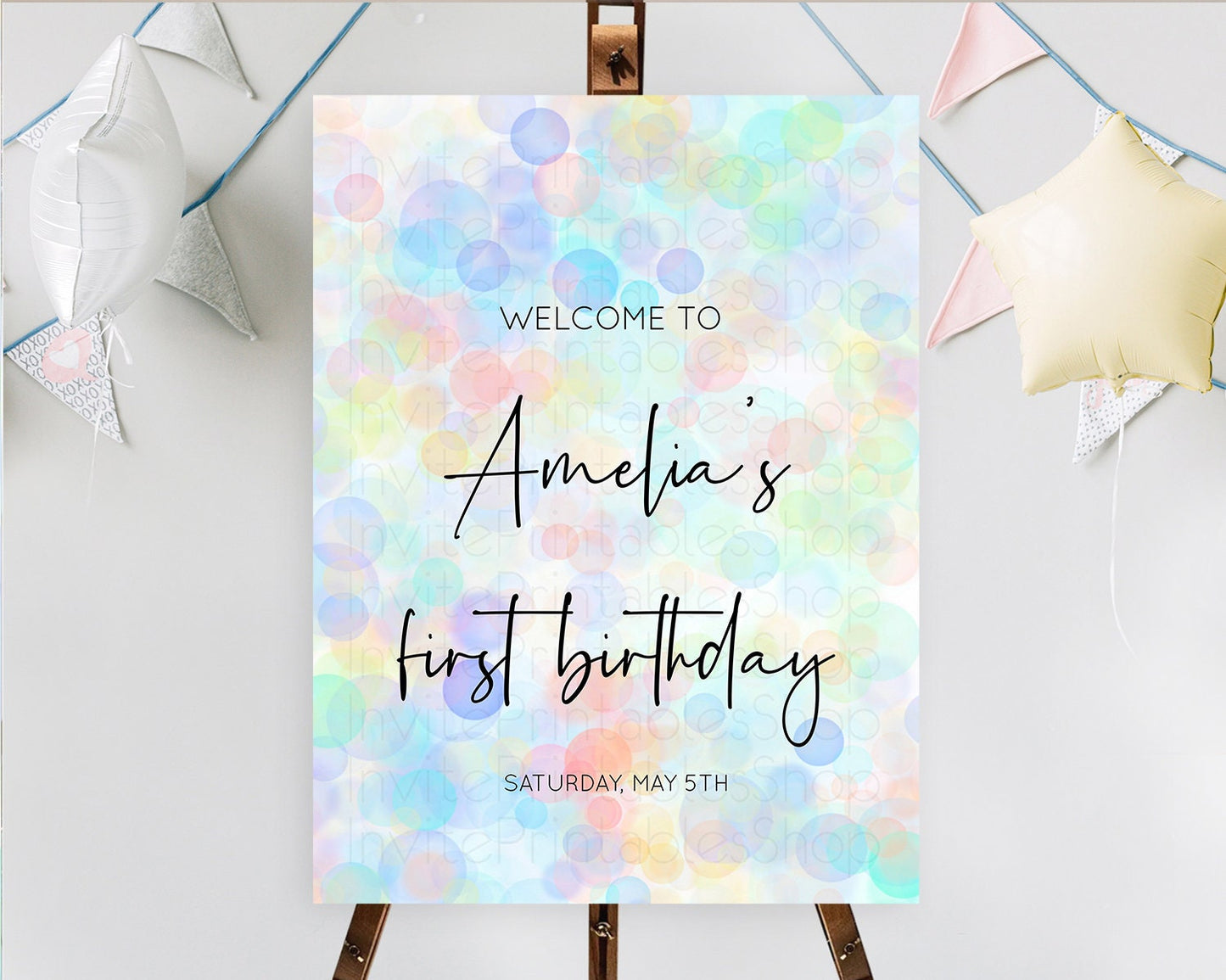 Pastel Welcome Sign Bubble Bath Birthday Party Rainbow Welcome Board Pastel Bubbles Colorful Confetti First Birthday Welcome Sign D10445