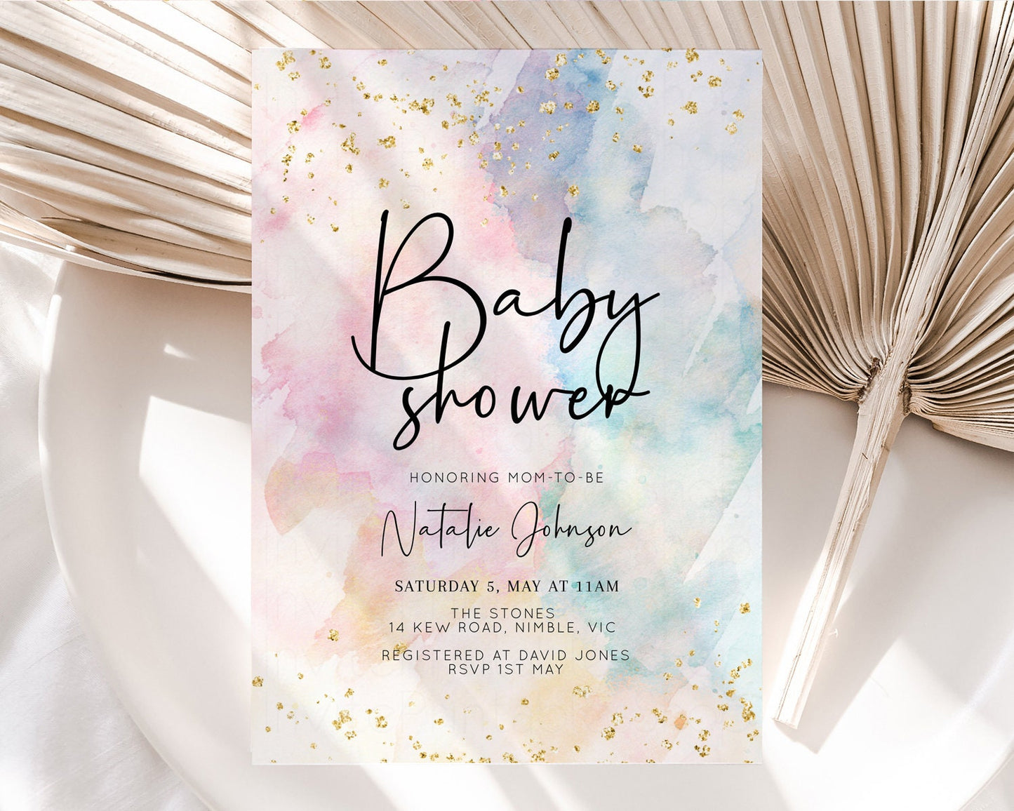 Rainbow Baby Shower Invitation Pastel Baby Shower Invitation Watercolor Ombre Invitation Rainbow Pastel Colors Invite Glitter Confetti 276