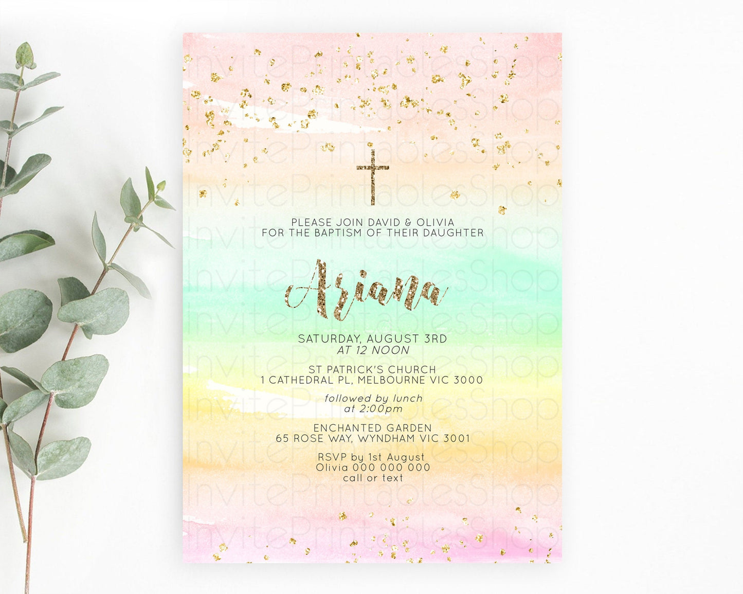 Pastel Baptism Invitation Pastel Colors Watercolor Baptism 1st Birthday Party Gold Ombre Pastel Rainbow Christening Holy Communion D10592