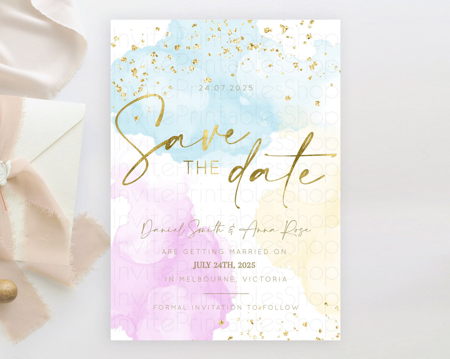 Pastel Save The Date Template Pastel Ombre Rainbow Watercolor Colorful Party For Birthday Baptism Baby Shower Wedding Bridal Shower D10204