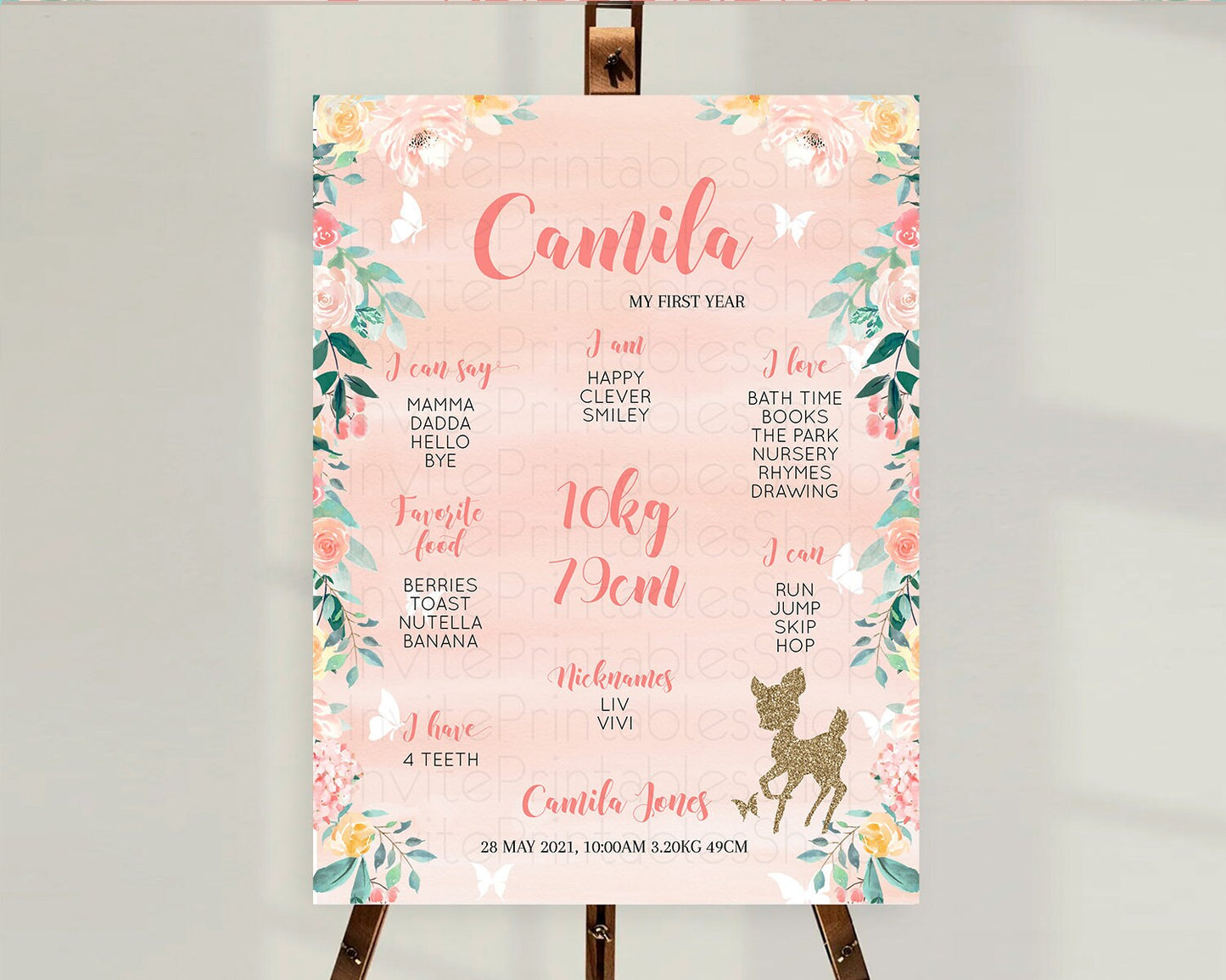 Fawn First Birthday Milestone Board Deer First Birthday Milestone Poster Enchanted Forest Butterfly Pastel Flowers 1st Birthday Sign D10873