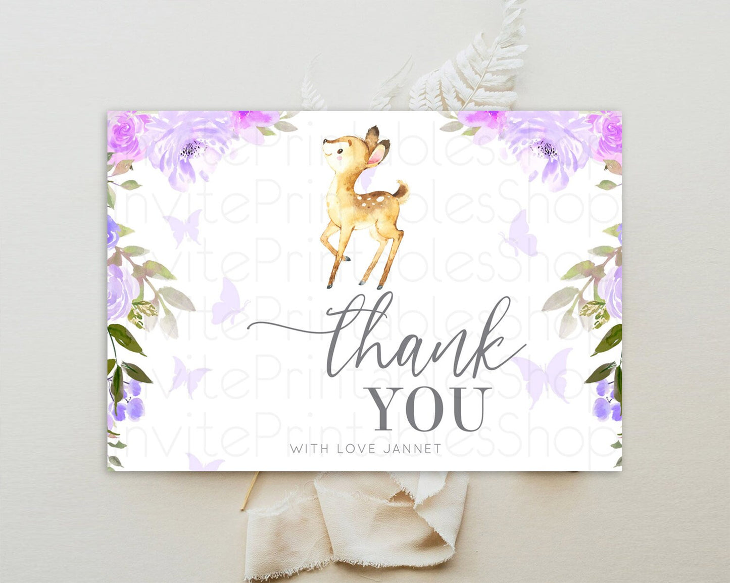 Fawn Thank You Deer Thank You Card Pastel Floral Deer Birthday Thank You Card Enchanted Forest Butterfly Deer Teacher Thank You Card D10916