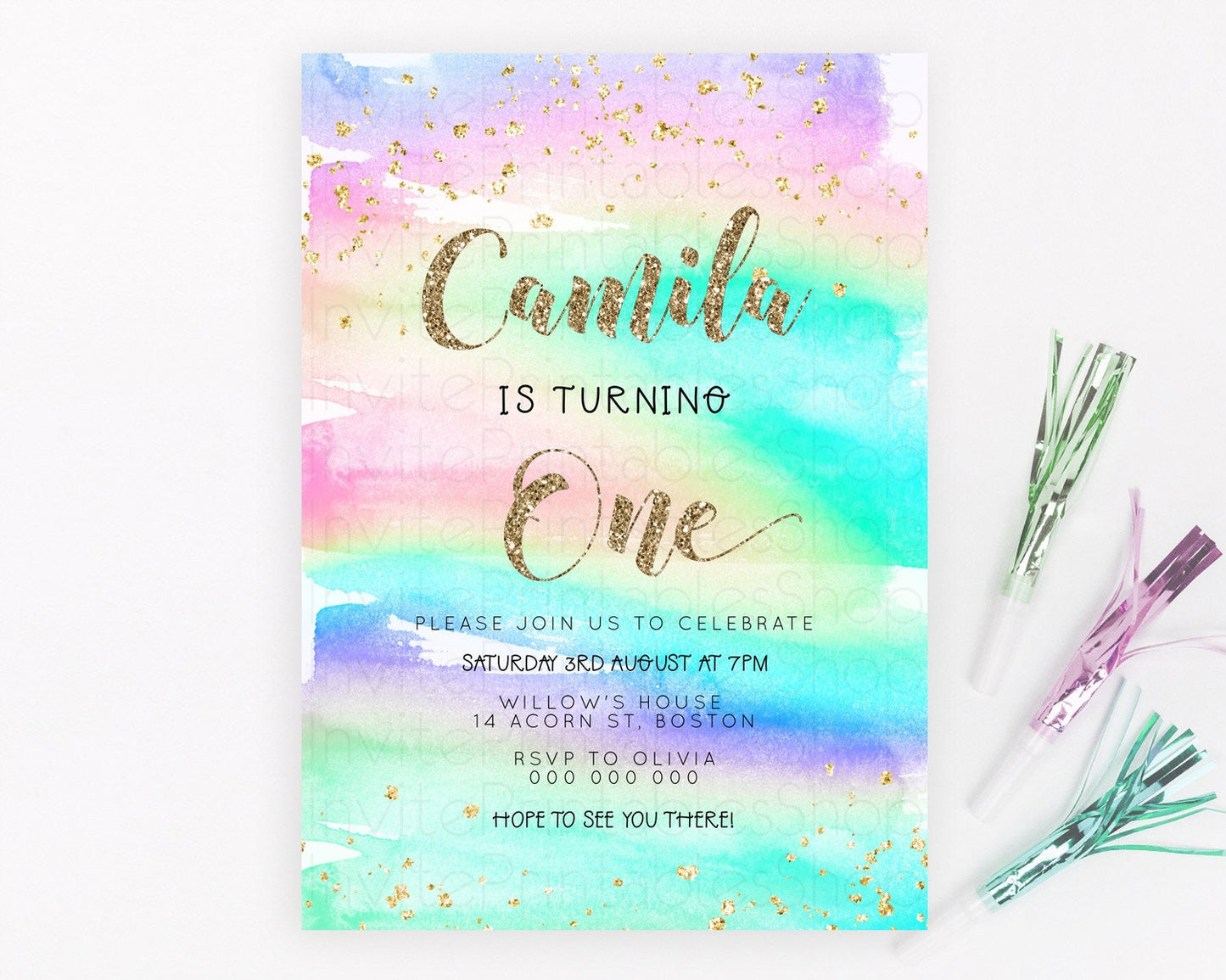 Rainbow Birthday Invitation Colorful Pastel Watercolor Invitation Gold Glitter Sprinkles Ombre Pastel 1st 2nd 3rd Birthday D23261