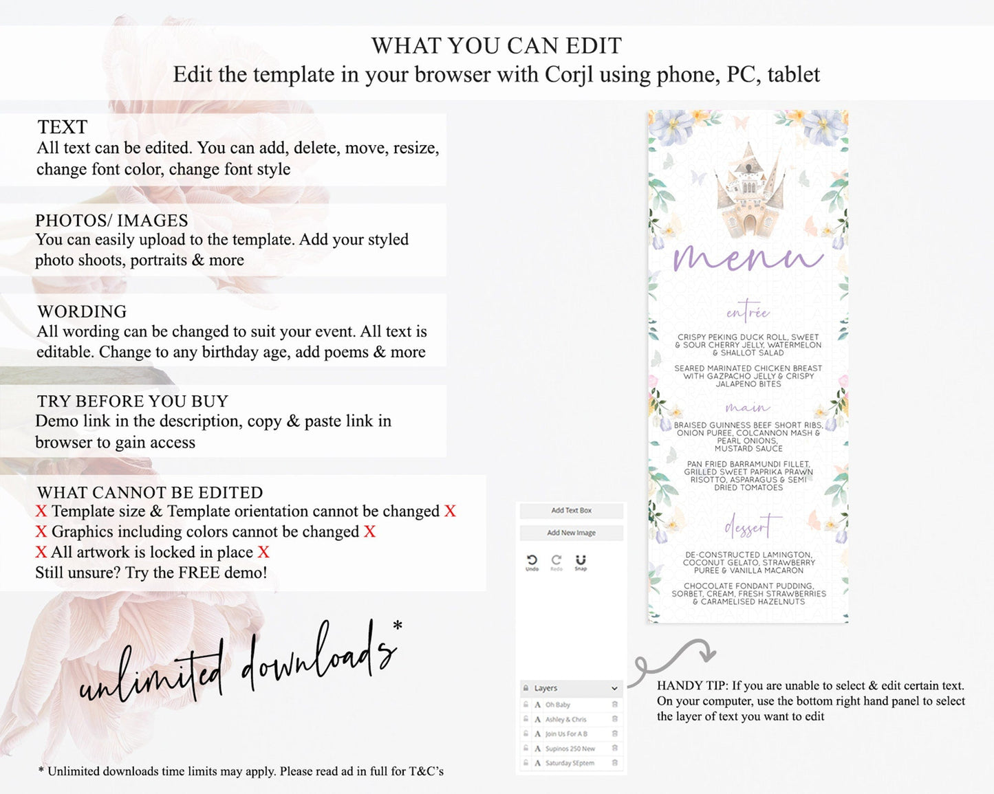 Princess Menu Castle Menu Template Secret Garden Table Decor Enchanted Castle Pastel Floral Dinner Dessert Menu Princess Food Menu D10473
