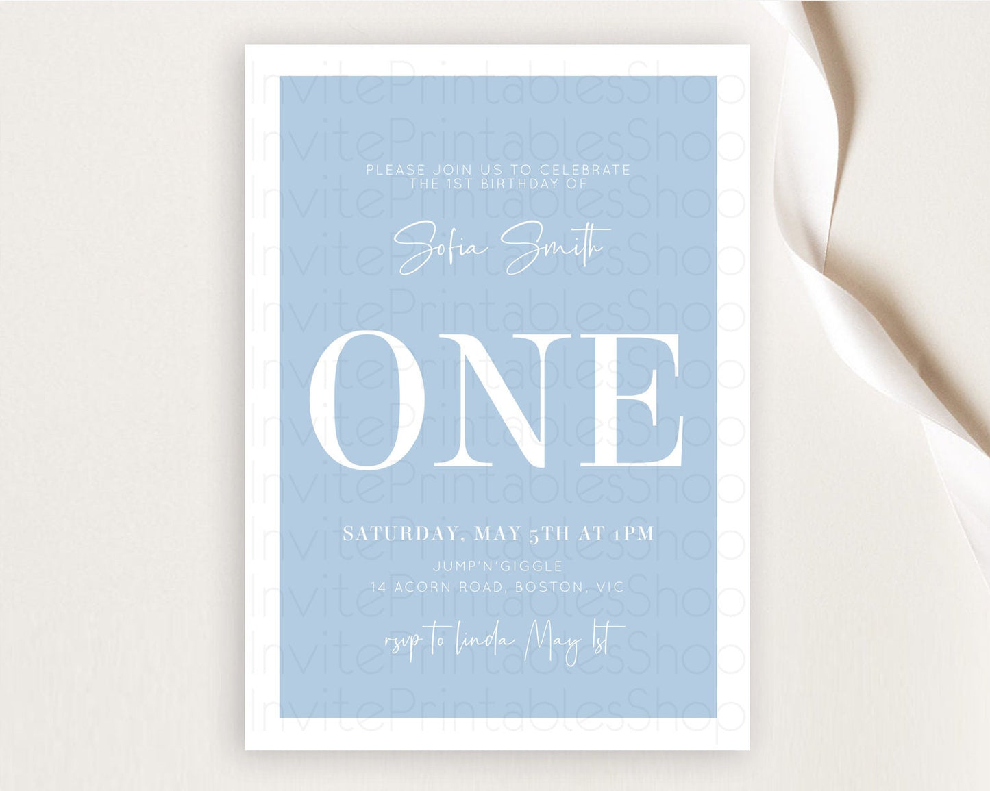 Blue Birthday Invitation Plain Blue Invitation Minimalist Invitation Pastel Blue Invitation Modern Invitation 2nd 1st First Birthday D10734