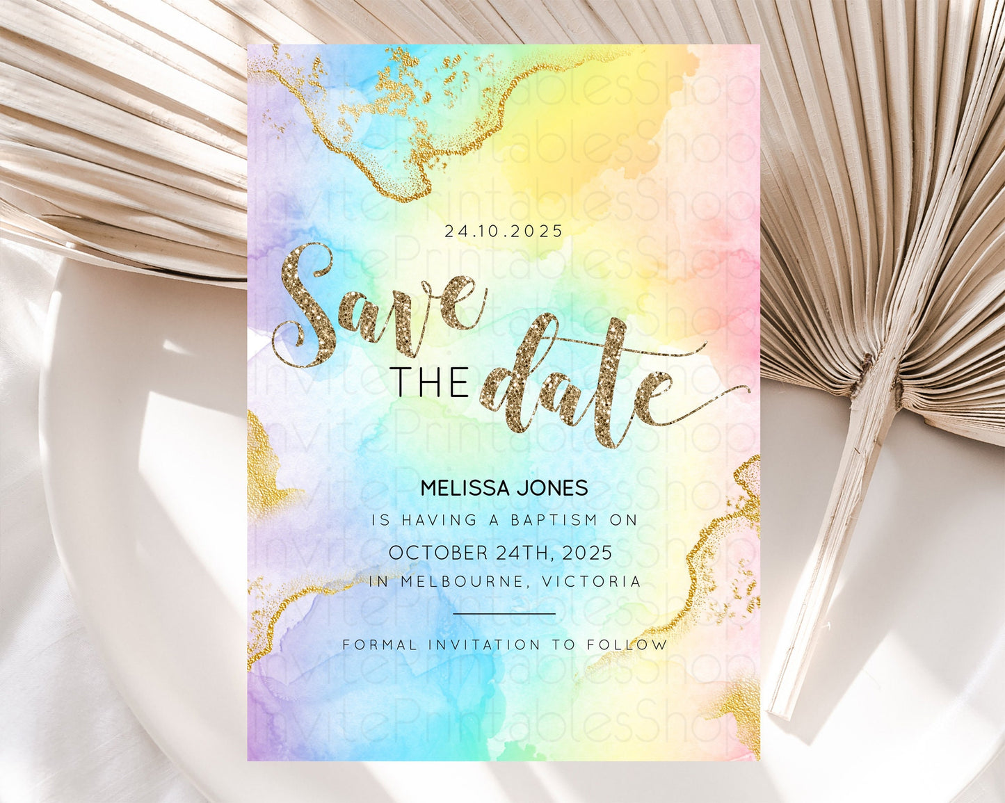 Pastel Save The Date Template Pastel Ombre Rainbow Watercolor Colorful Party For Birthday Baptism Baby Shower Wedding Bridal Shower D10589