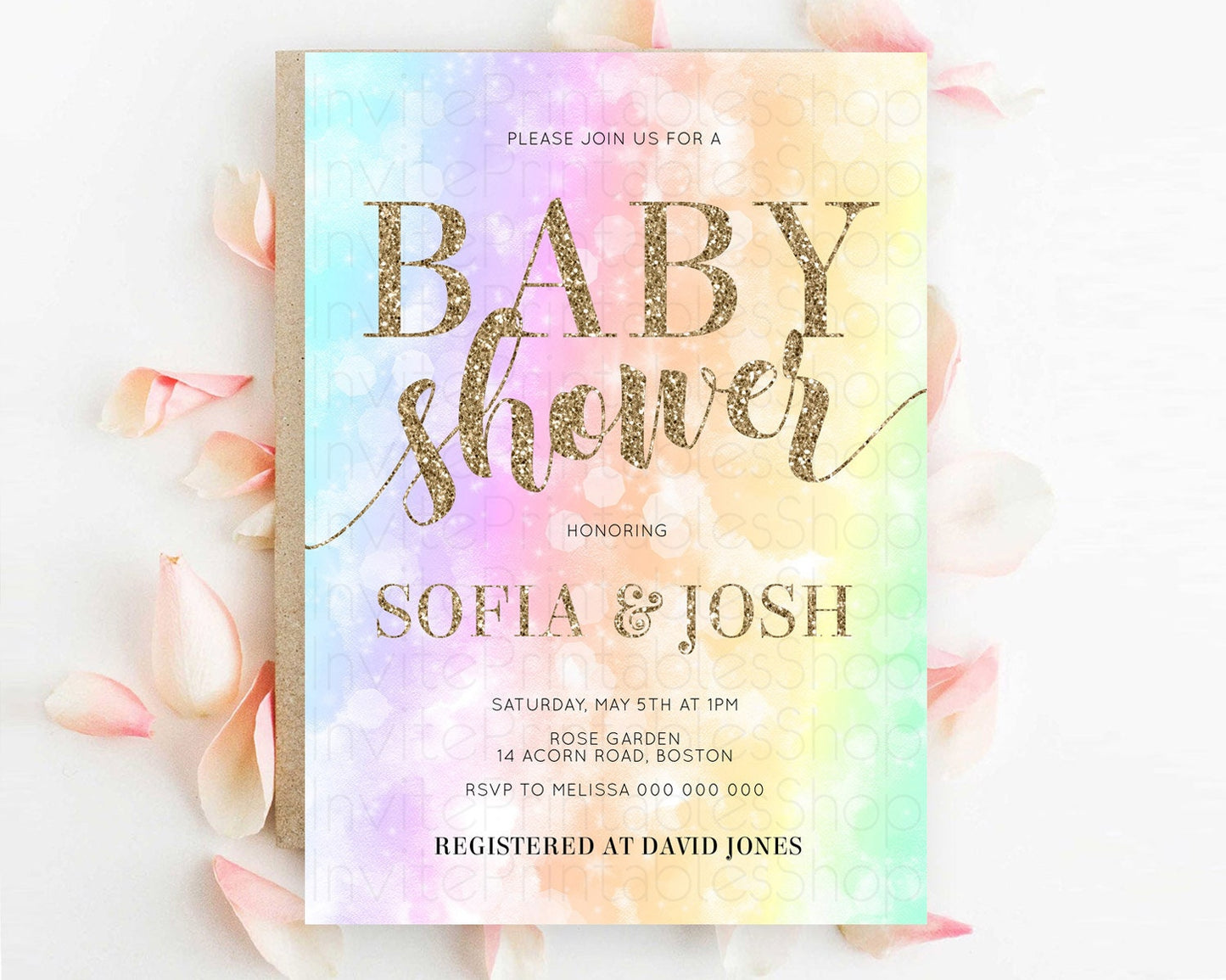 Pastel Rainbow Baby Shower Invitation, Colorful Watercolor, Gold Glitter Sprinkles - Teal, Pink, Purple, Orange, Yellow, Green Ombre D10648