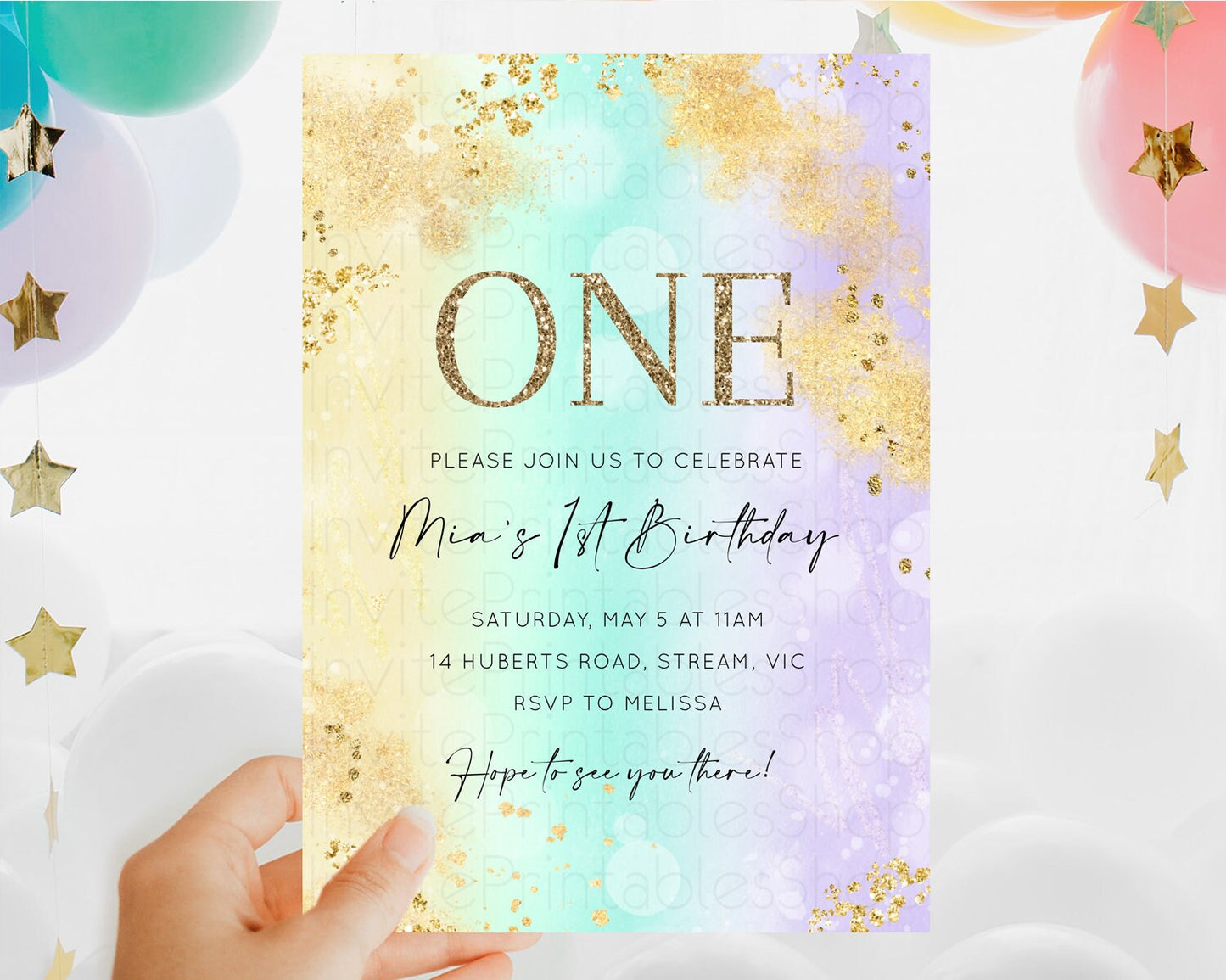 Rainbow Birthday Invitation Colorful Pastel Watercolor Invitation Gold Glitter Sprinkles Ombre Pastel 1st 2nd 3rd Birthday D10672