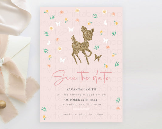 Fawn Deer Save The Date Template Pastel Floral Deer Enchanted Forest Butterfly Party 1st Birthday Baptism Baby Shower Bridal Shower D10386