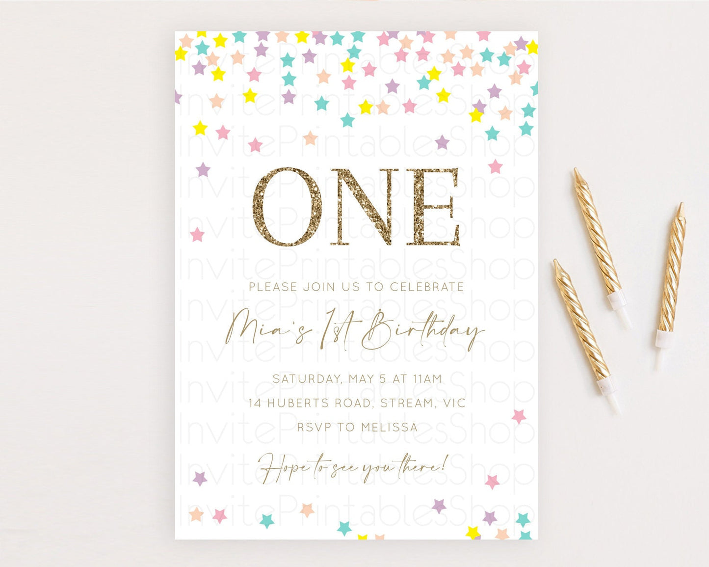 Star Birthday Invitation Pastel Stars Invite Shooting Star Party Rainbow Colorful Confetti Twinkle Little Star 2nd First Birthday D10601