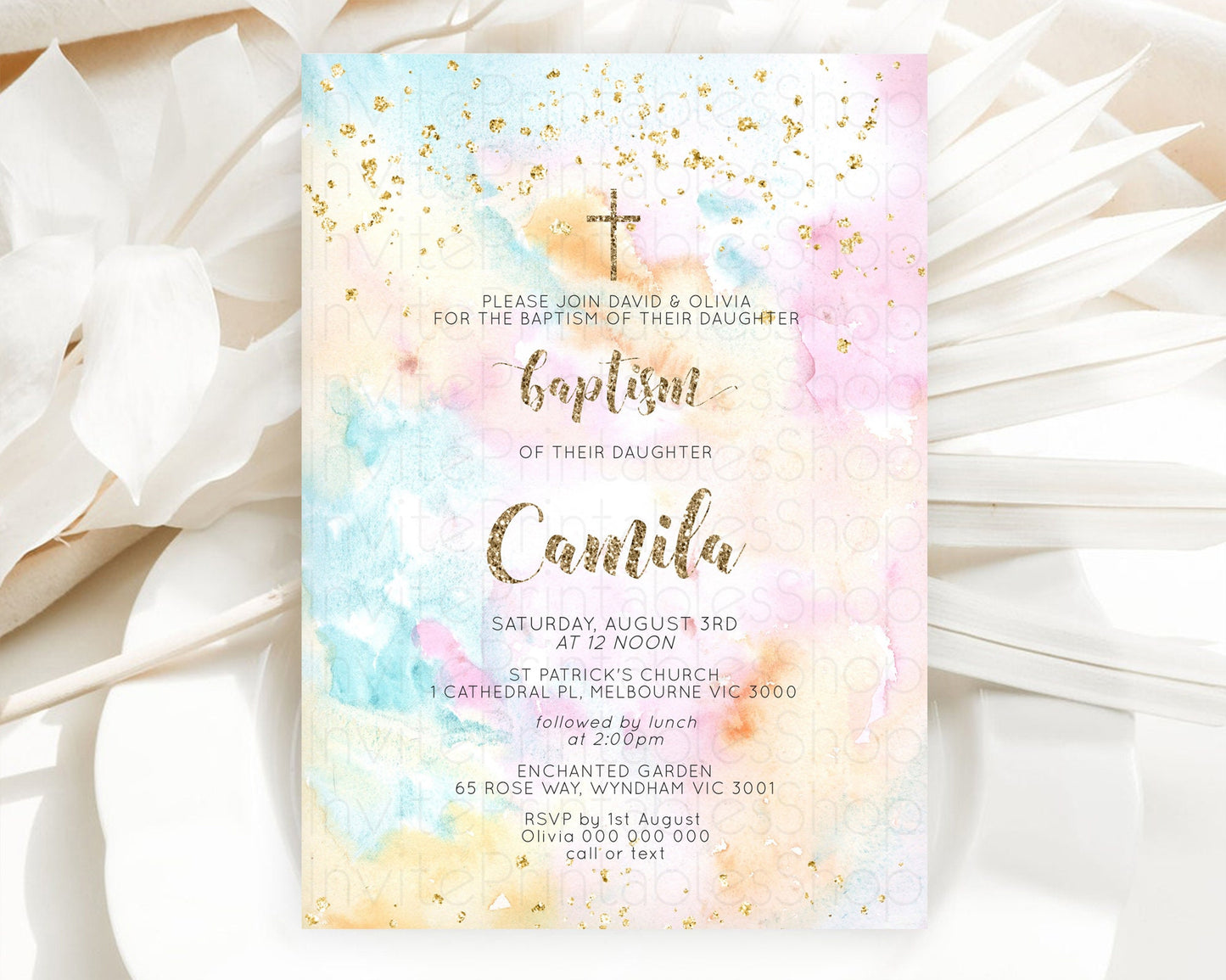 Pastel Baptism Invitation Pastel Colors Watercolor Baptism 1st Birthday Party Gold Ombre Pastel Rainbow Christening Holy Communion D10548