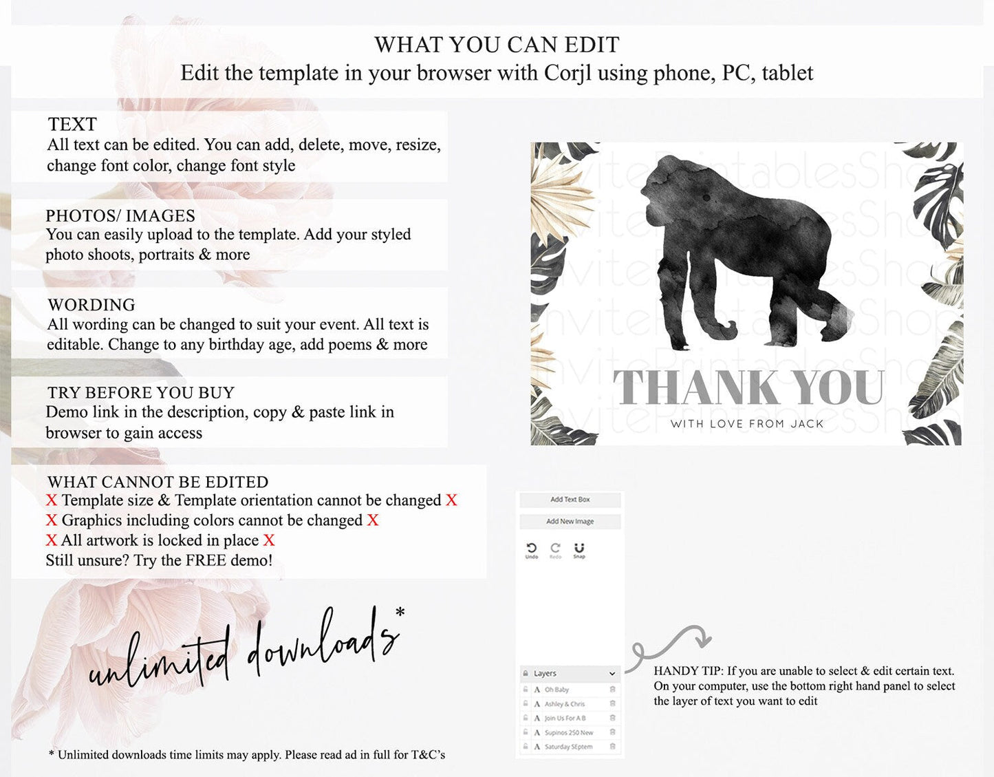Gorilla Thank You Gorilla Thank You Card Gorilla Party Birthday Thank You Card Safari Card Template Gorilla Teacher Thank You Cards D10804