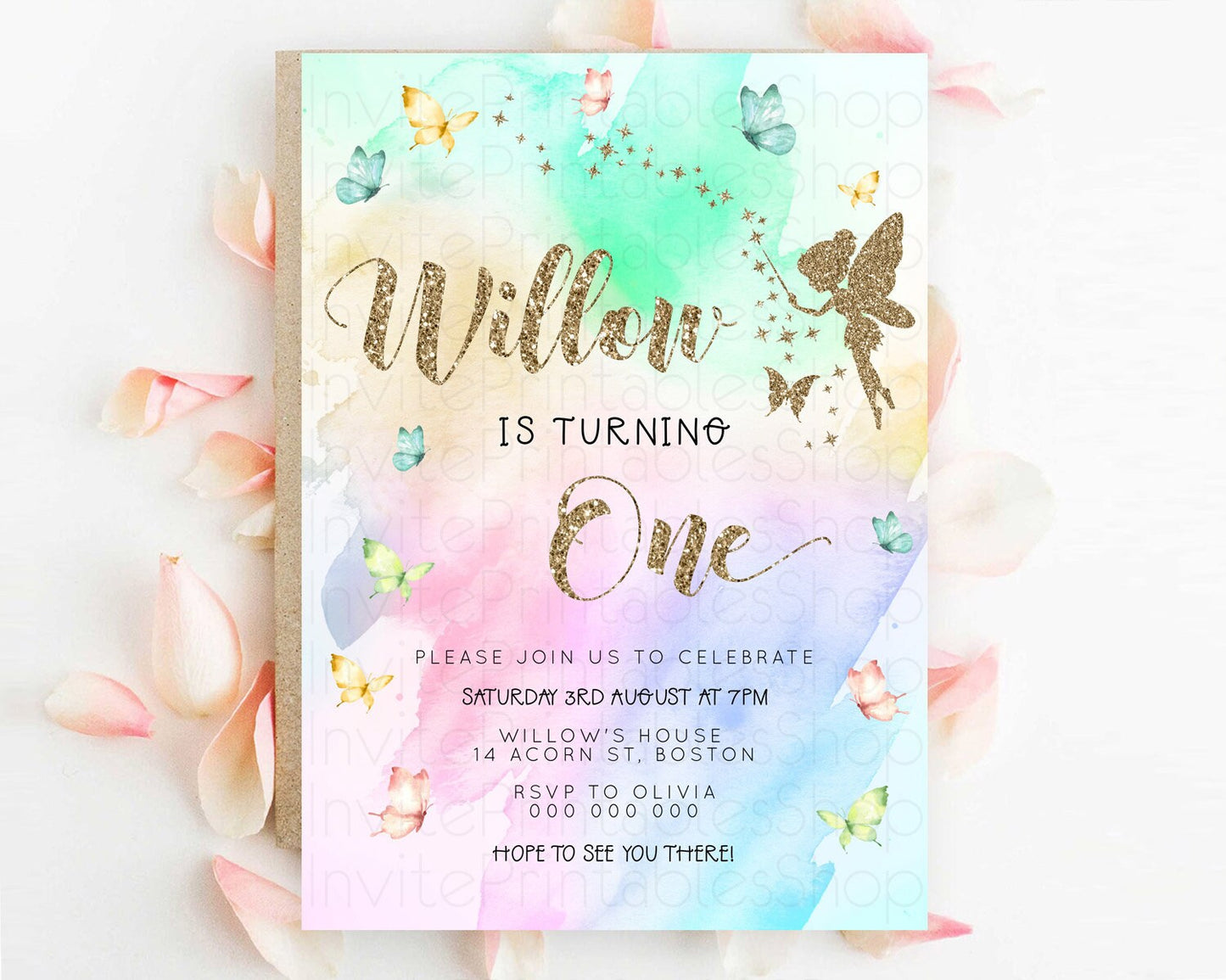 Pastel Fairy Birthday Invitation Pastel Butterflies Fairy Birthday Invitation Rainbow Ombre Watercolor 1st 2nd Birthday Invitation D23353