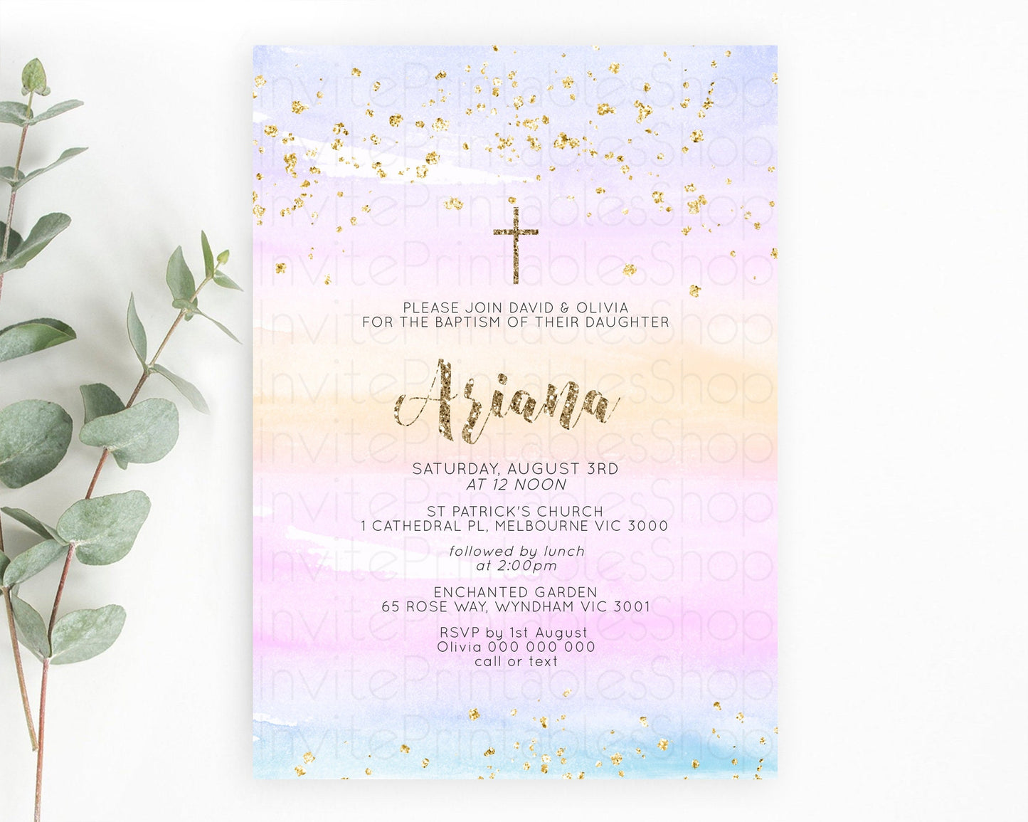 Pastel Baptism Invitation Pastel Colors Watercolor Baptism 1st Birthday Party Gold Ombre Pastel Rainbow Christening Holy Communion D10595