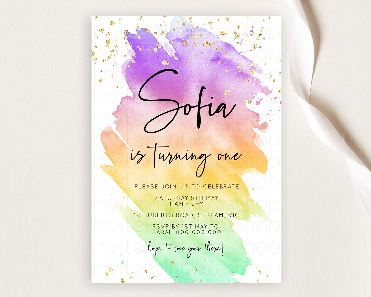 Rainbow Birthday Invitation Colorful Pastel Watercolor Invitation Gold Glitter Sprinkles Ombre Pastel 1st 2nd 3rd Birthday D10518