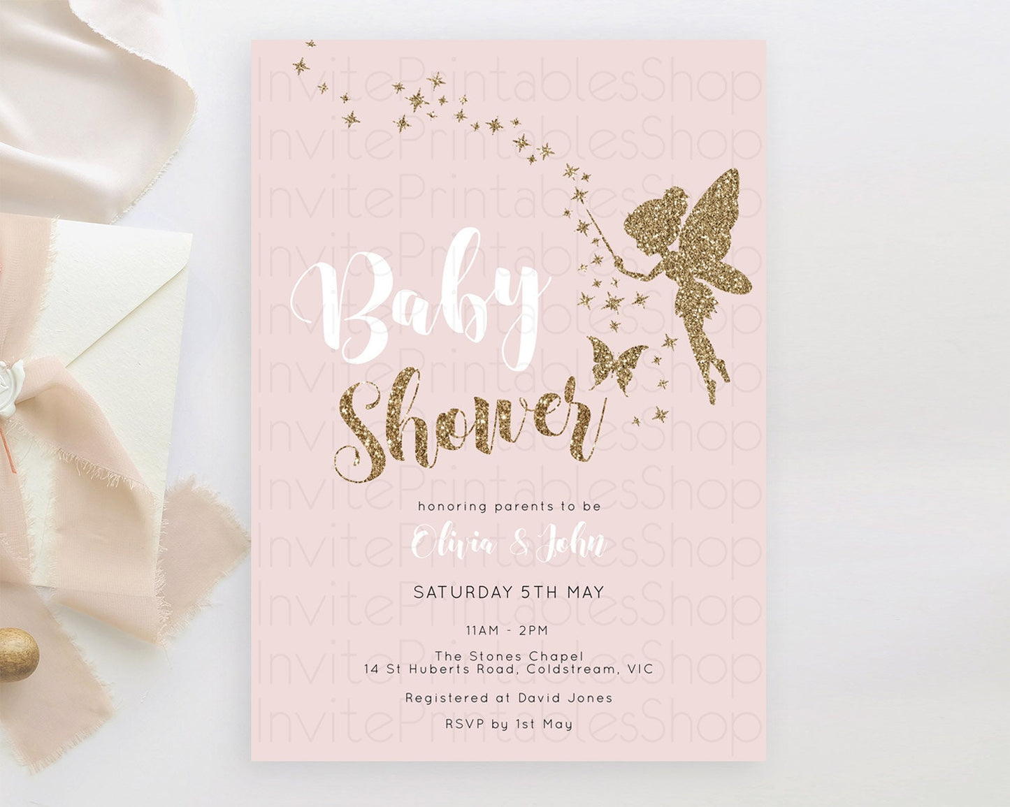 Fairy Baby Shower Invitation: Pastel Pink Tea Party, Secret Garden with Butterflies, Pixie - Enchanted Pink and Gold Glitter D10899