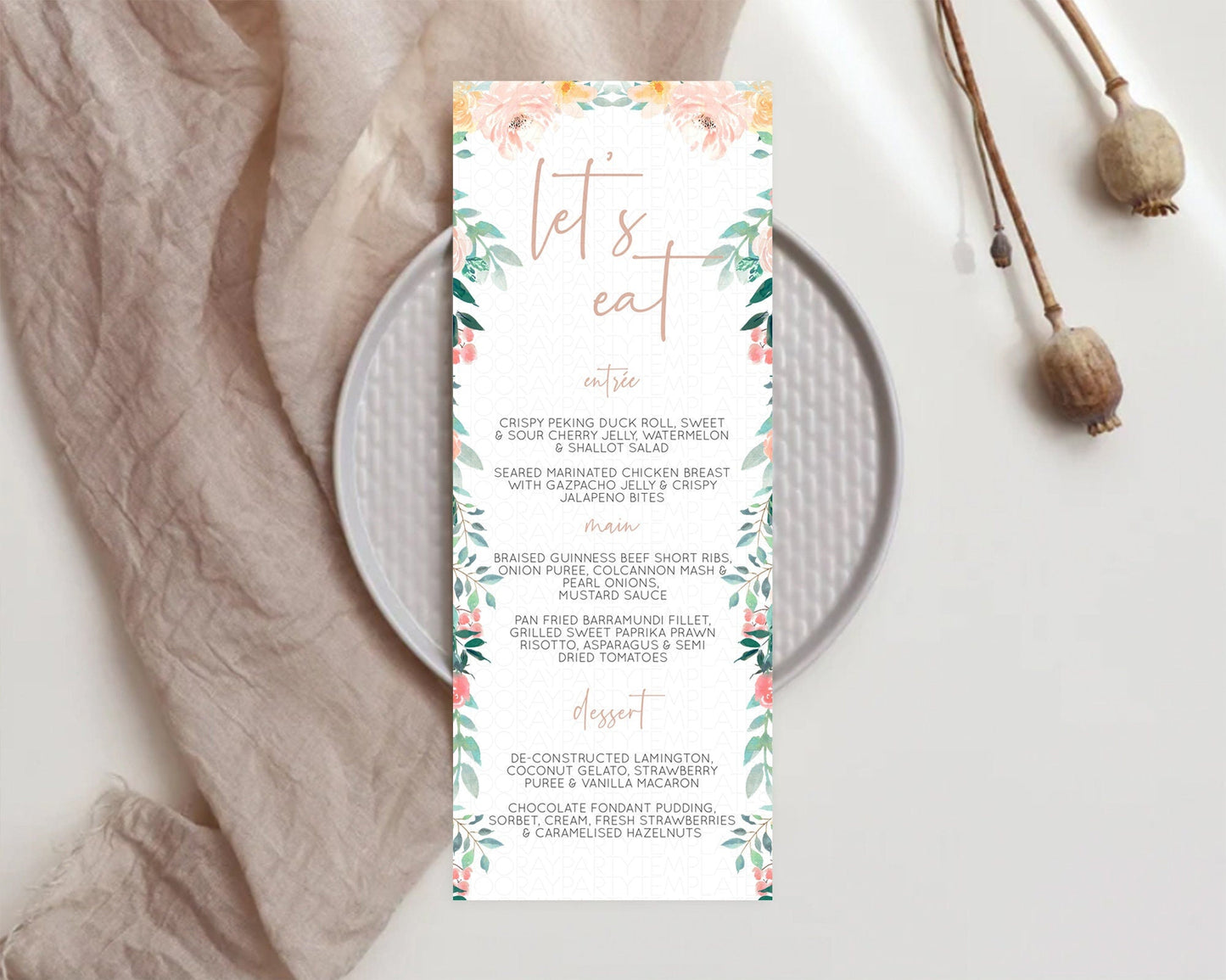 Secret Garden Menu Wildflower Menu Template Pastel Flower Garden Table Decor Boho Floral Dinner Dessert Floral Party Food Menu D10706