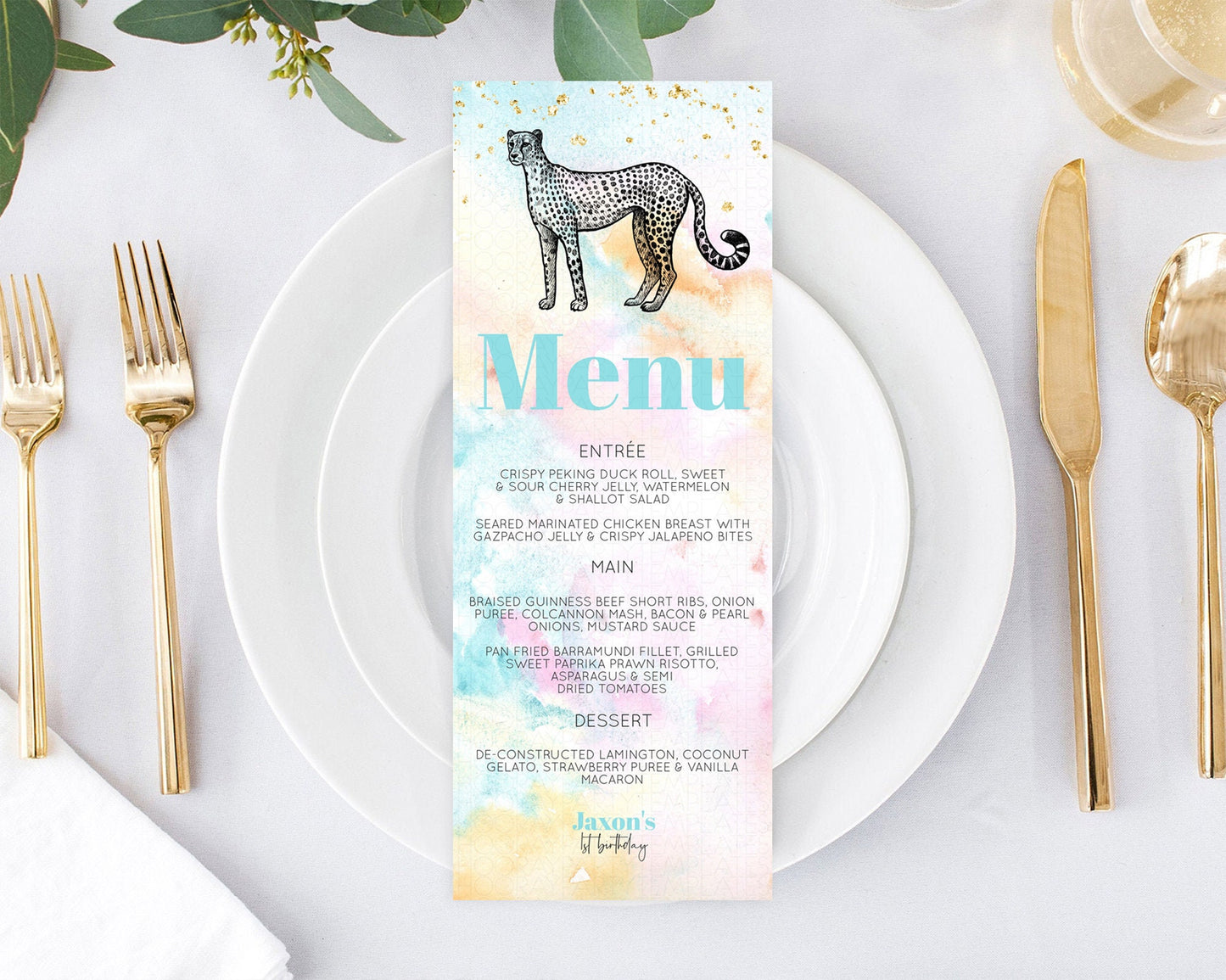 Pastel Cheetah Menu Rainbow Cheetah Menu Template Colorful Rainbow Table Decor Pastel Dinner Dessert Menu Cheetah Party Food Menu D10289