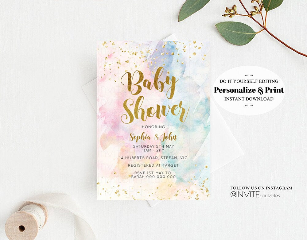 Rainbow Baby Shower Invitation Watercolor Pastel Invitation Colorful Splash Baby Shower Invite Gold Glitter Sprinkles Ombre 276