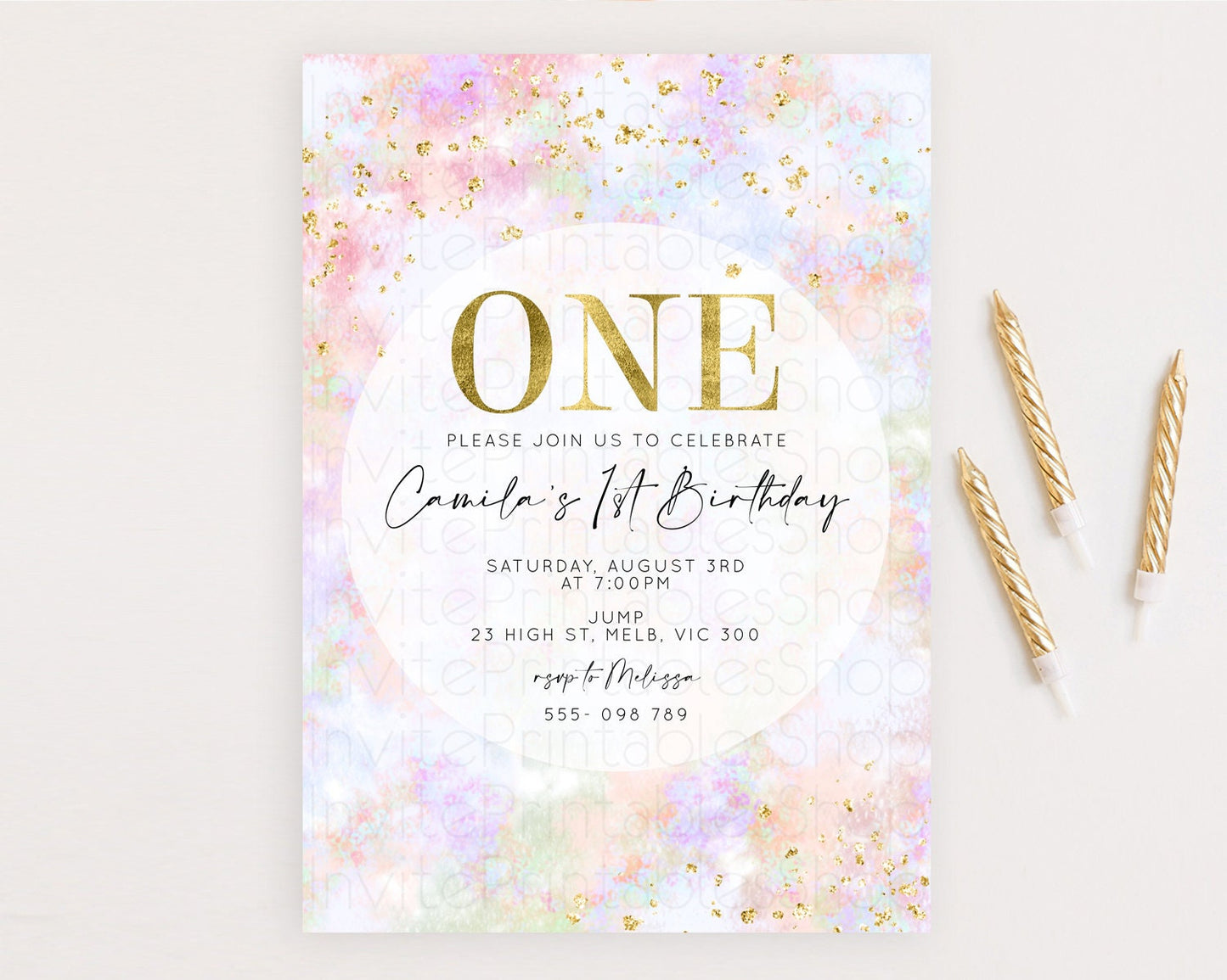 Rainbow Birthday Invitation Colorful Pastel Watercolor Invitation Gold Glitter Sprinkles Ombre Pastel 1st 2nd 3rd Birthday D10649