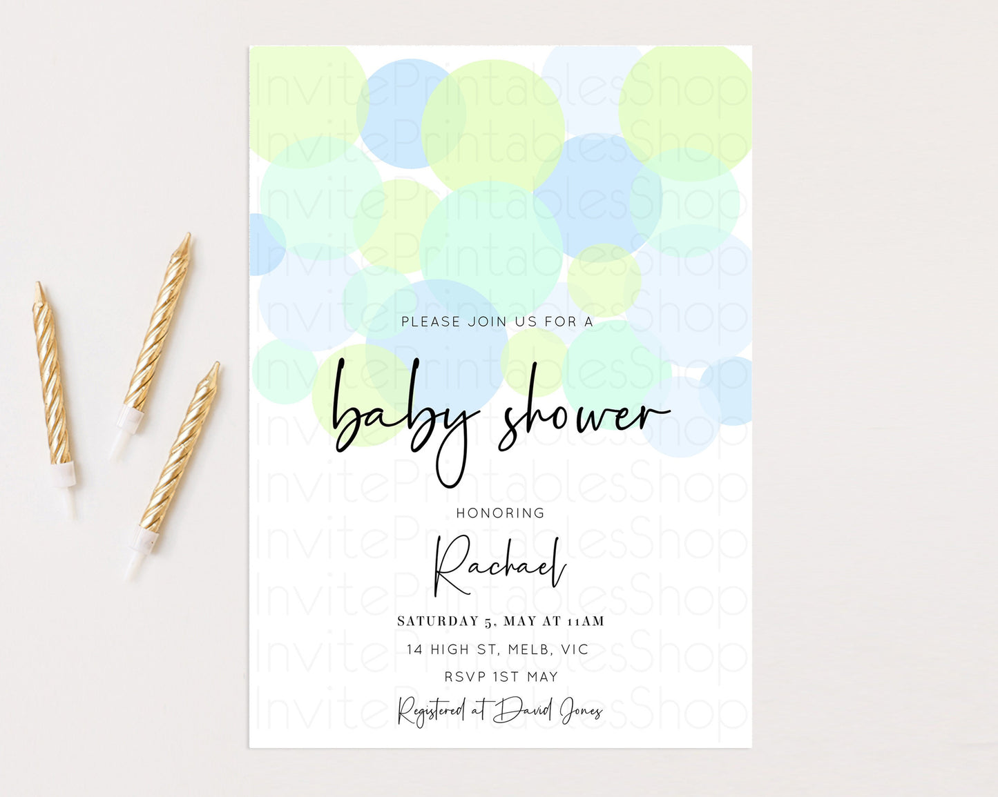 Pastel Baby Shower Invitation Colorful Rainbow Bubbles Confetti Sprinkles Blue Pink Yellow Green Boy Girl Gender Reveal Neutral 208