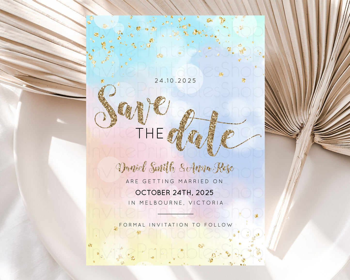 Pastel Save The Date Template Pastel Ombre Rainbow Watercolor Colorful Party For Birthday Baptism Baby Shower Wedding Bridal Shower D10367