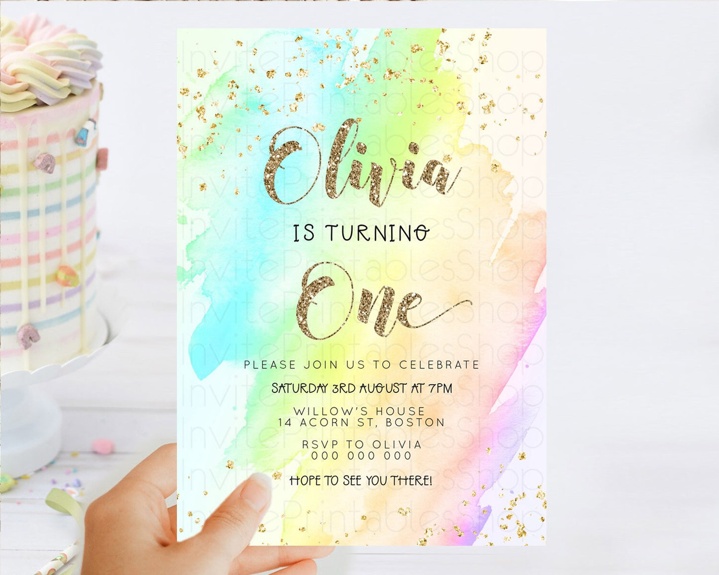 Rainbow Birthday Invitation Colorful Pastel Watercolor Invitation Gold Glitter Sprinkles Ombre Pastel 1st 2nd 3rd Birthday D23282