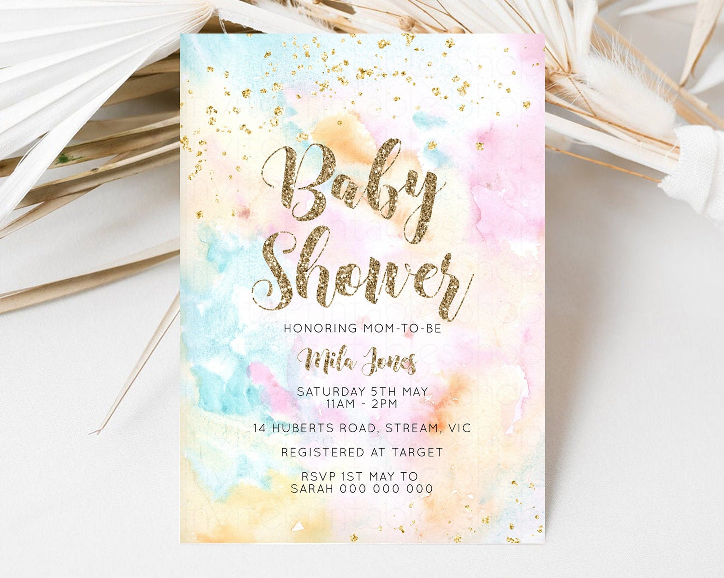 Rainbow Baby Shower Invitation Pastel Watercolor Invitation Colorful Splash Gold Splatter Glitter Foil Sprinkles Confetti Editable G566