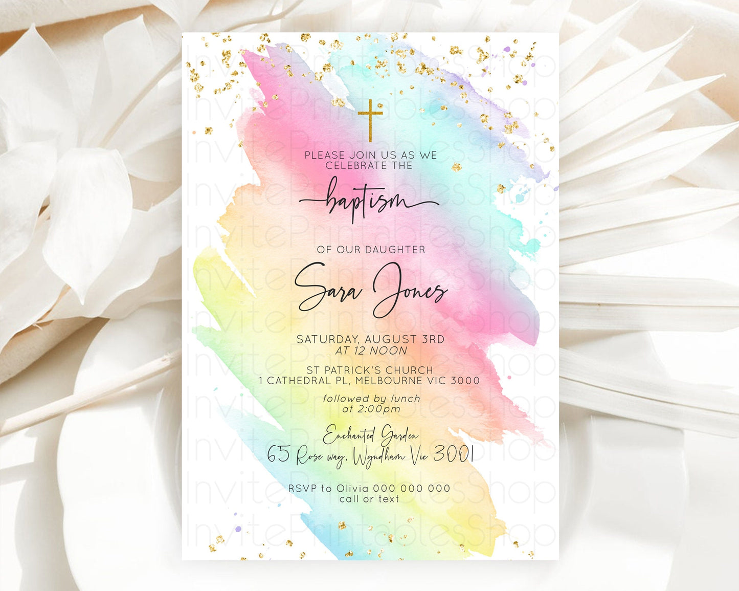 Pastel Baptism Invitation Pastel Colors Watercolor Baptism 1st Birthday Party Gold Ombre Pastel Rainbow Christening Holy Communion D10495