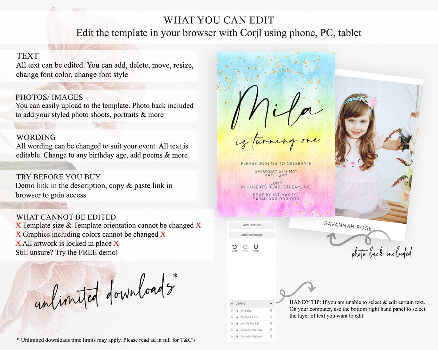 Rainbow Birthday Invitation Colorful Pastel Watercolor Invitation Gold Glitter Sprinkles Ombre Pastel 1st 2nd 3rd Birthday D10483