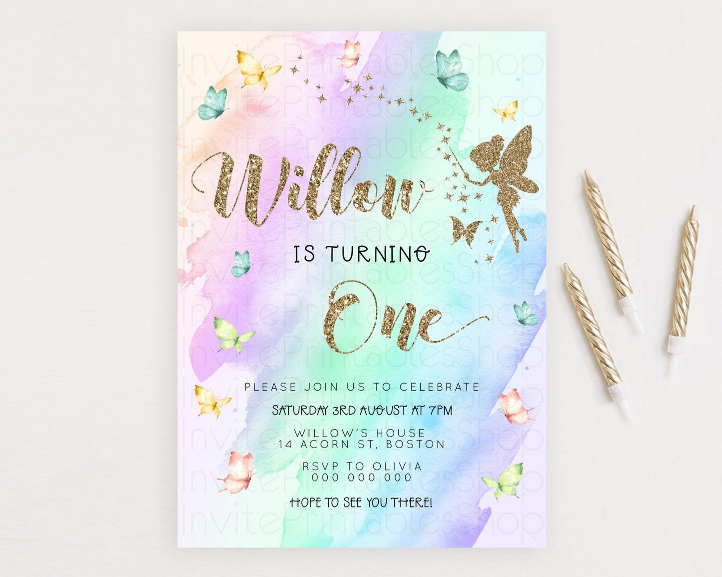 Pastel Fairy Birthday Invitation Pastel Butterflies Fairy Birthday Invitation Rainbow Ombre Watercolor 1st 2nd Birthday Invitation D23331