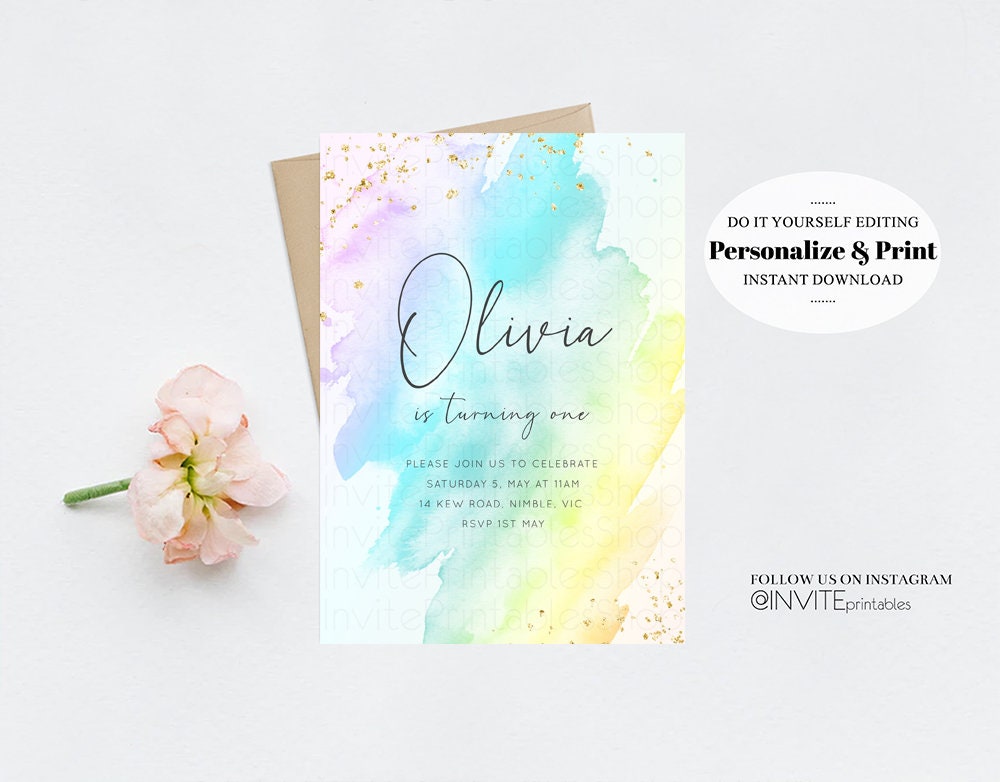 Pastel Rainbow Birthday Invitation Colorful Watercolor Splash Ombre Ink Paint Gold Foil Purple Pink Blue Custom Printable 146