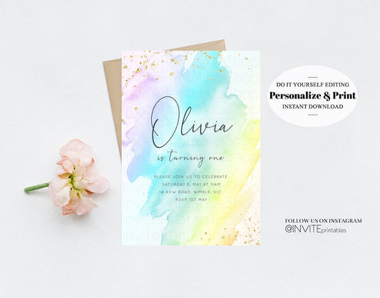 Pastel Rainbow Birthday Invitation Colorful Watercolor Splash Ombre Ink Paint Gold Foil Purple Pink Blue Custom Printable 146