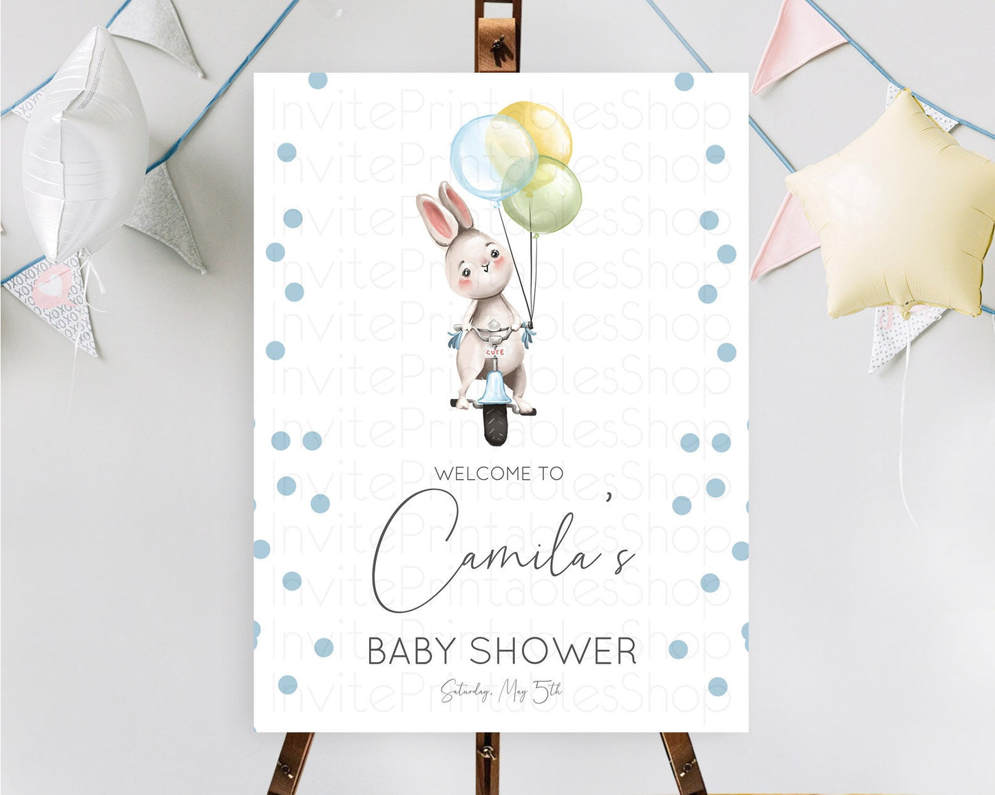 Bunny Baby Shower Welcome Sign Bunny Balloon Welcome Board Colorful Pastel Confetti Bunny Welcome Poster Sprinkles Baby Welcome Sign D10783